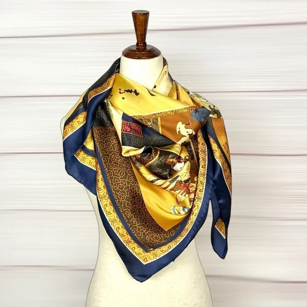 Chinese Mulberry Silk Scarf Blue Gold Calligraphy Children Scenes Nianhua Art
